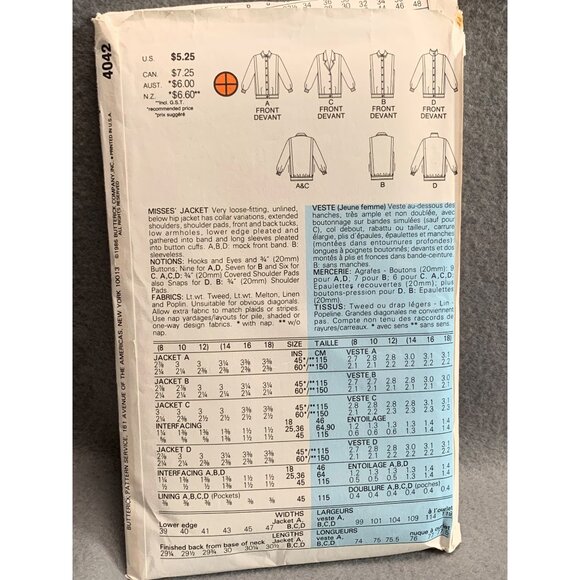 Butterick Classics Pattern 4042 Misses' Jacket Sizes 14-18 - Picture 2 of 2